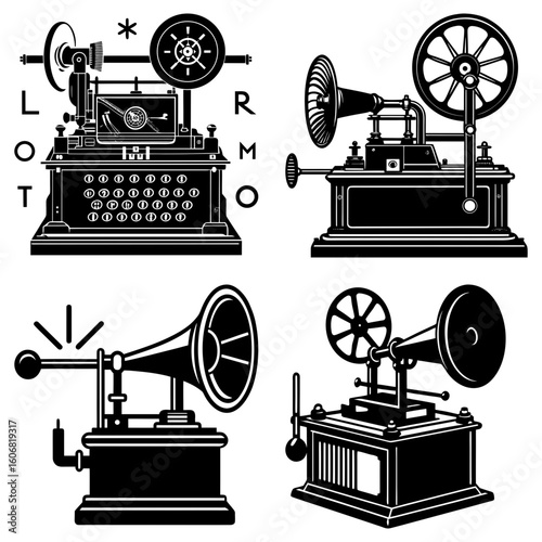 Illustration of four vintage phonographs and gramophones with intricate details and old fashioned designs