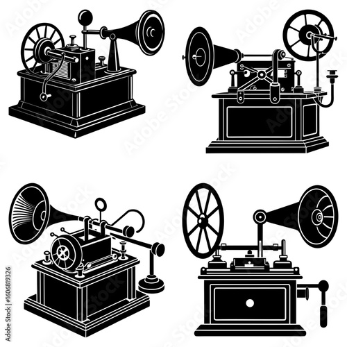 Illustration of four vintage phonographs with different designs in black and white color scheme style
