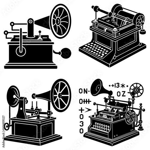 Four vintage communication devices including phonographs and a telegraph machine illustration