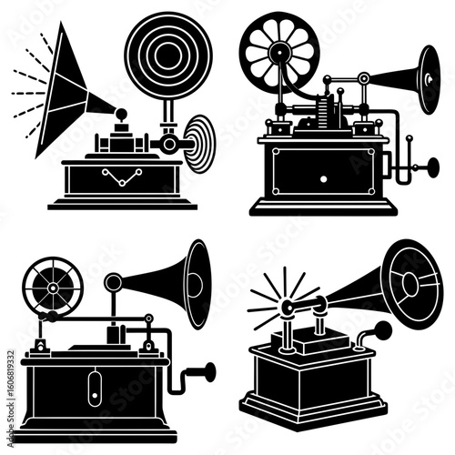 Four vintage phonographs in black and white showcasing different designs and styles of gramophone models