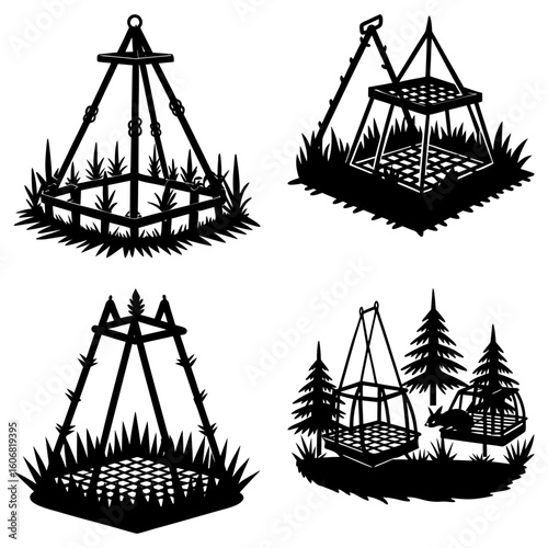 Silhouette illustrations of hanging cages with geometric designs and surrounding foliage in a black and white style