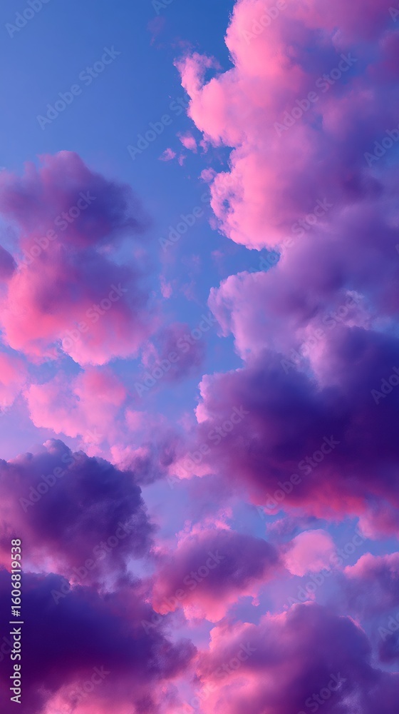 Obraz premium Swirling pink and purple clouds painting dramatic sunset sky, reflecting colorful atmospheric luminescence and twilight splendor