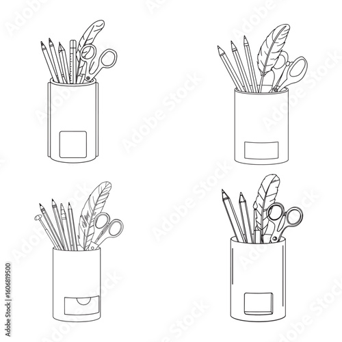 Simple Line Art of Pencil Holders with Stationary