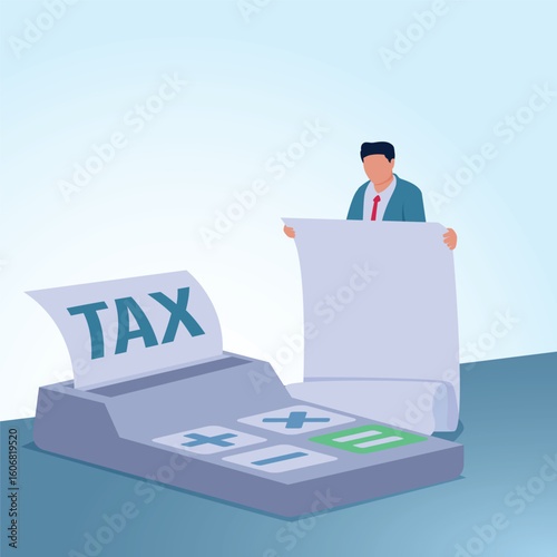 A person holds a tax return paper next to a large calculator, a metaphorical illustration of tax calculations, financial analysis and
