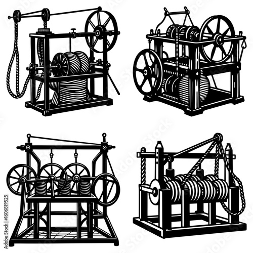 Illustration showing four different vintage mechanical winches with pulley systems and rope coils designs