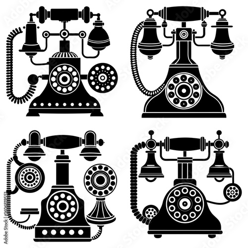 Illustration of four antique telephones with rotary dials and handsets in a vintage style design element