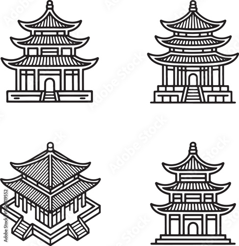 Set of Chinese pagoda Outline vector illustration isolated On Transparent Background