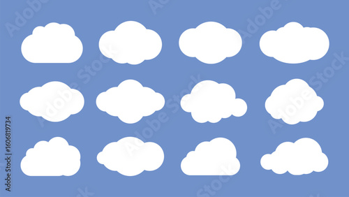 cloud shapes icon collection arranged in rows on a solid blue sky background