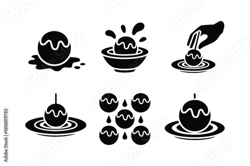 Black silhouette icons of decorated spheres with wavy lines decoration splash