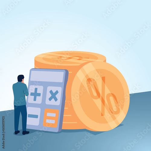 People see a large calculator next to gold coins, a metaphorical illustration of tax calculations, financial analysis and