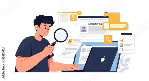 man examining resume with magnifying glass and laptop
