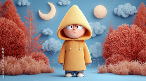 Moody Cartoon Character in Yellow Hoodie Amid Whimsical Landscape with Red Trees and Crescent Moon 3d Transparent PNG
