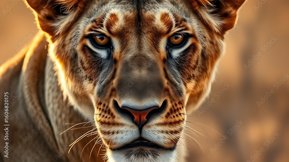 Obraz premium Lioness with a focused gaze, showcasing detailed fur under warm savanna sunlight.