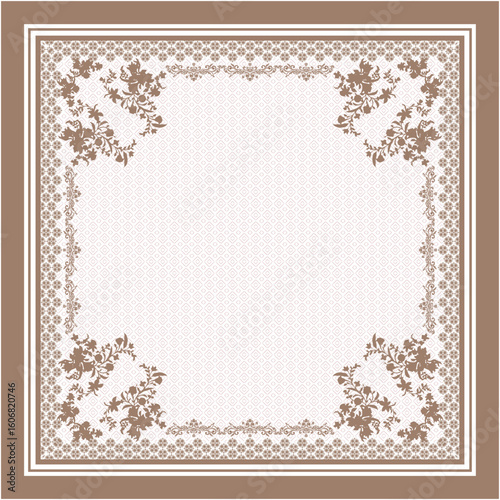 Timeless Ornamental Frame and Repeating Pattern Background in Soft Earthen Hues Suitable for Fashion Accessories, Fabrics, and Digital Graphics