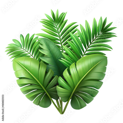 A lush arrangement of vibrant green tropical palm leaves and monstera leaves artfully composed together on a transparent background isolated on transparent background