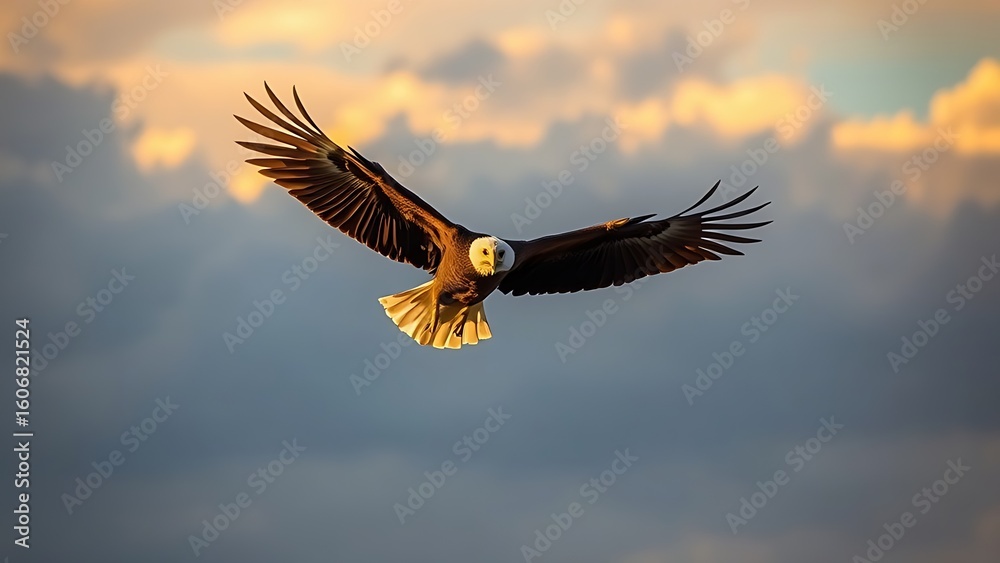 Obraz premium A majestic bald eagle soaring through a dramatic golden-hued sky.