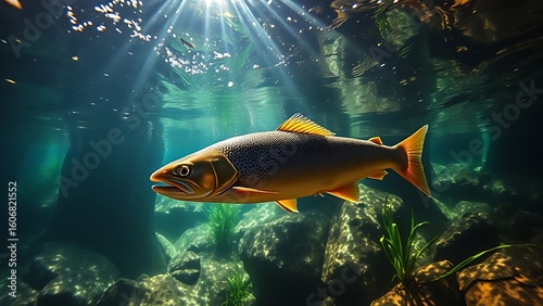 Trout swimming near submerged rocks in clear river water, sunlight filtering through the surface.