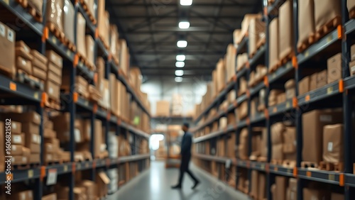 A modern warehouse interior with organized shelves and a worker silhouette in soft ambient lighting.