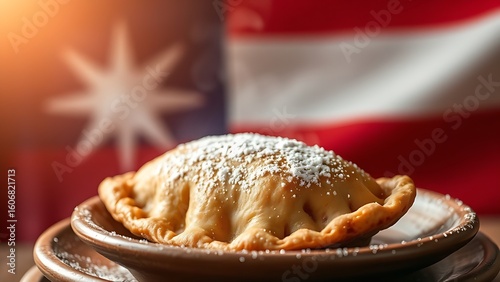 A traditional empanada on a handcrafted clay plate, dusted with powdered sugar, with steam rising against a softly blurred backdrop.