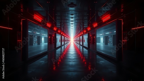 Infinite mirror corridor with ominous red warning lights flashing at the vanishing point.