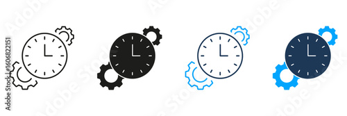 Clock With Gears Line And Solid Icon Set. Time Management, Efficiency, And Process Optimization Symbol Collection. Productivity And Workflow Enhancement. Isolated Vector Illustration