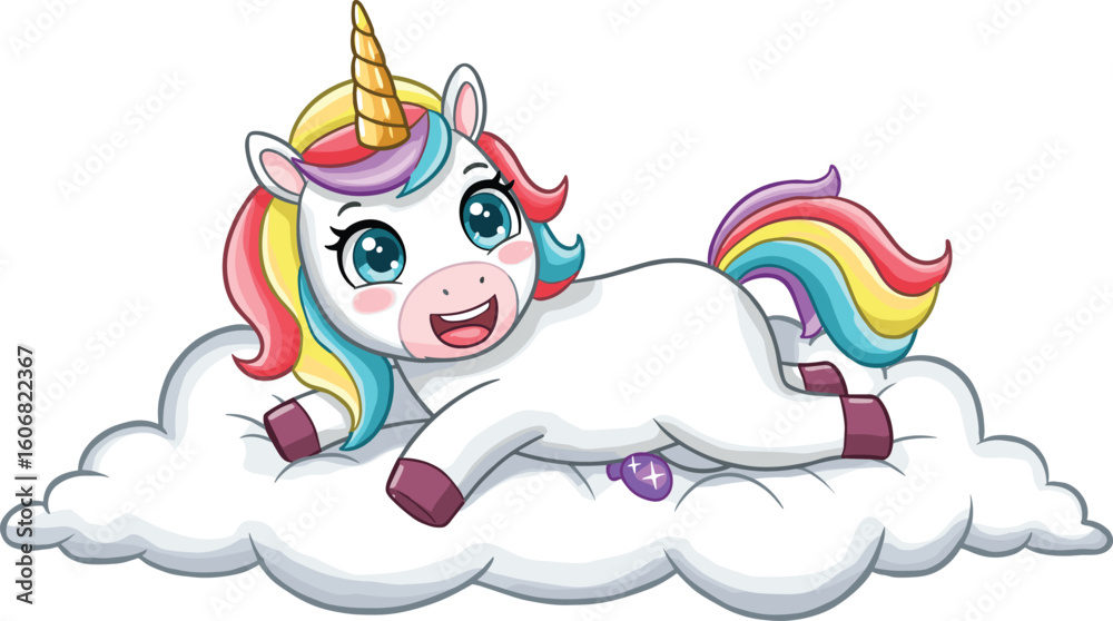 Naklejka premium Adorable cartoon unicorn with rainbow mane lying on soft cloud, perfect for kids illustrations, magical fantasy scenes, and dreamy artwork