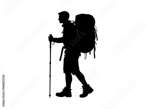 Silhouette backpacker with a huge pack and walking sticks. Suitable for travel, adventure, hiking, outdoor, journey, exploration concepts.