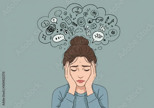 Woman overwhelmed by anxious thoughts and mental clutter