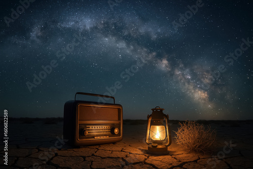 Lantern and antique radio illuminate cracked desert ground beneath Milky Way arc, timeless storytelling ambience, generative AI