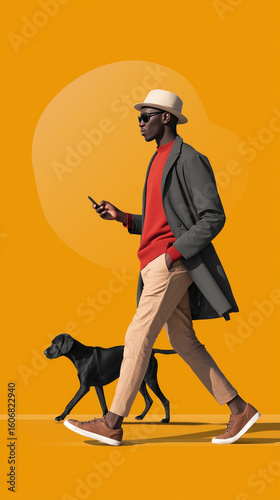 Remote worker enjoys midday outdoor break while walking dog and using phone