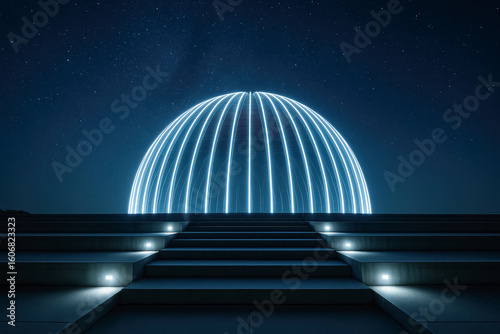 Glowing hemispheric dome outlined by white light strips rises beyond stylised steps under starry midnight sky, sci-fi monument scene, generative AI