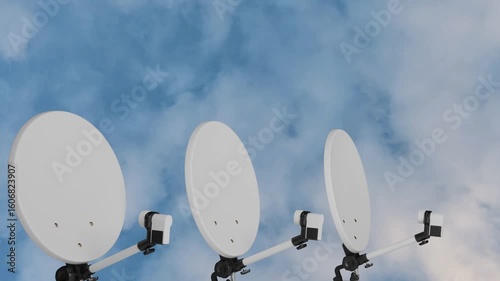 three satellite dishes on the background of blue sky animation