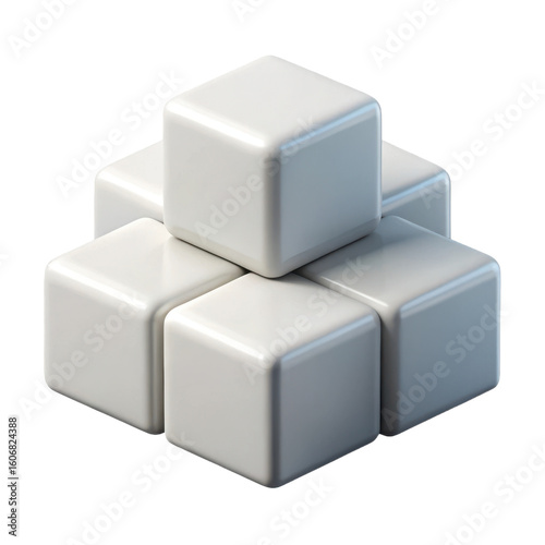 A stack of six smooth white rounded corner cubes arranged in a pyramid formation isolated on transparent background