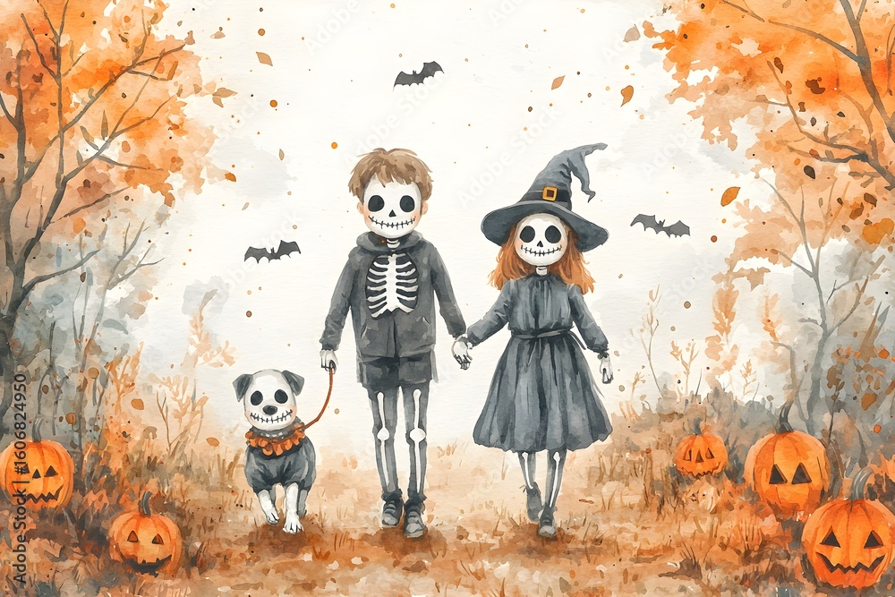 Fototapeta premium Watercolor Painting of Couple Dressed as Jack and Sally