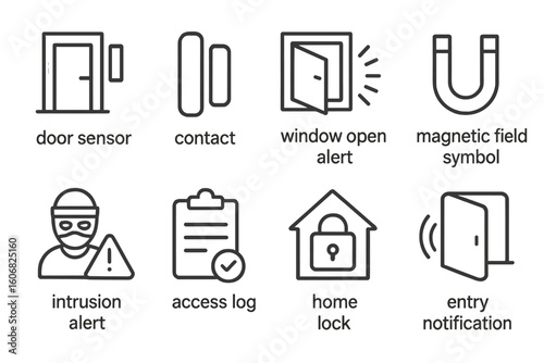 Smart home security icon set: door sensors, window alerts, intrusion warning, access log