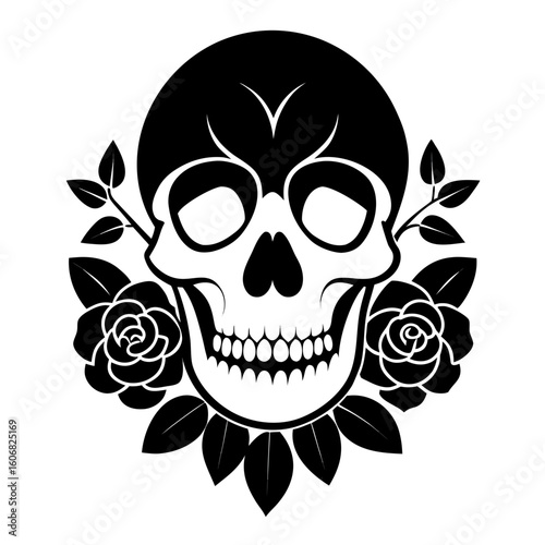 Skull with Roses vector clean black silhouette design white background