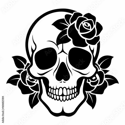 Skull with Roses vector clean black silhouette design white background