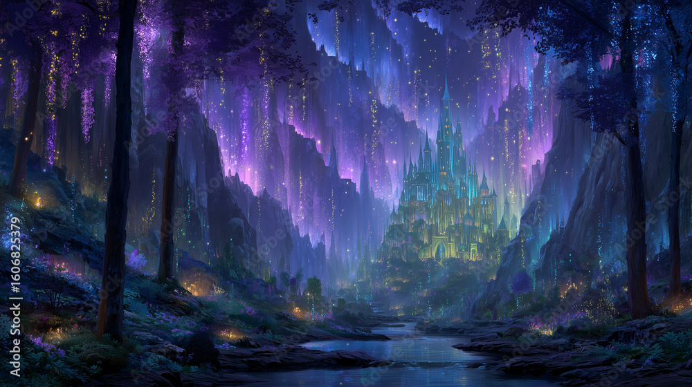 Fototapeta premium Mystical glowing fairytale castle surrounded by lush enchanted forest at night with fireflies and starry sky – fantasy AI generated illustration