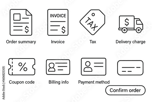 Order summary and payment method icons for online shopping and delivery