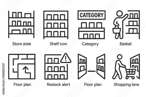 Shopping icons: store aisle, shelf, category, basket, floor plan, restock alert