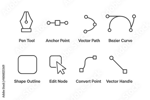 Vector graphics tools icons: pen tool, anchor point, bezier curve, vector path, shape outline