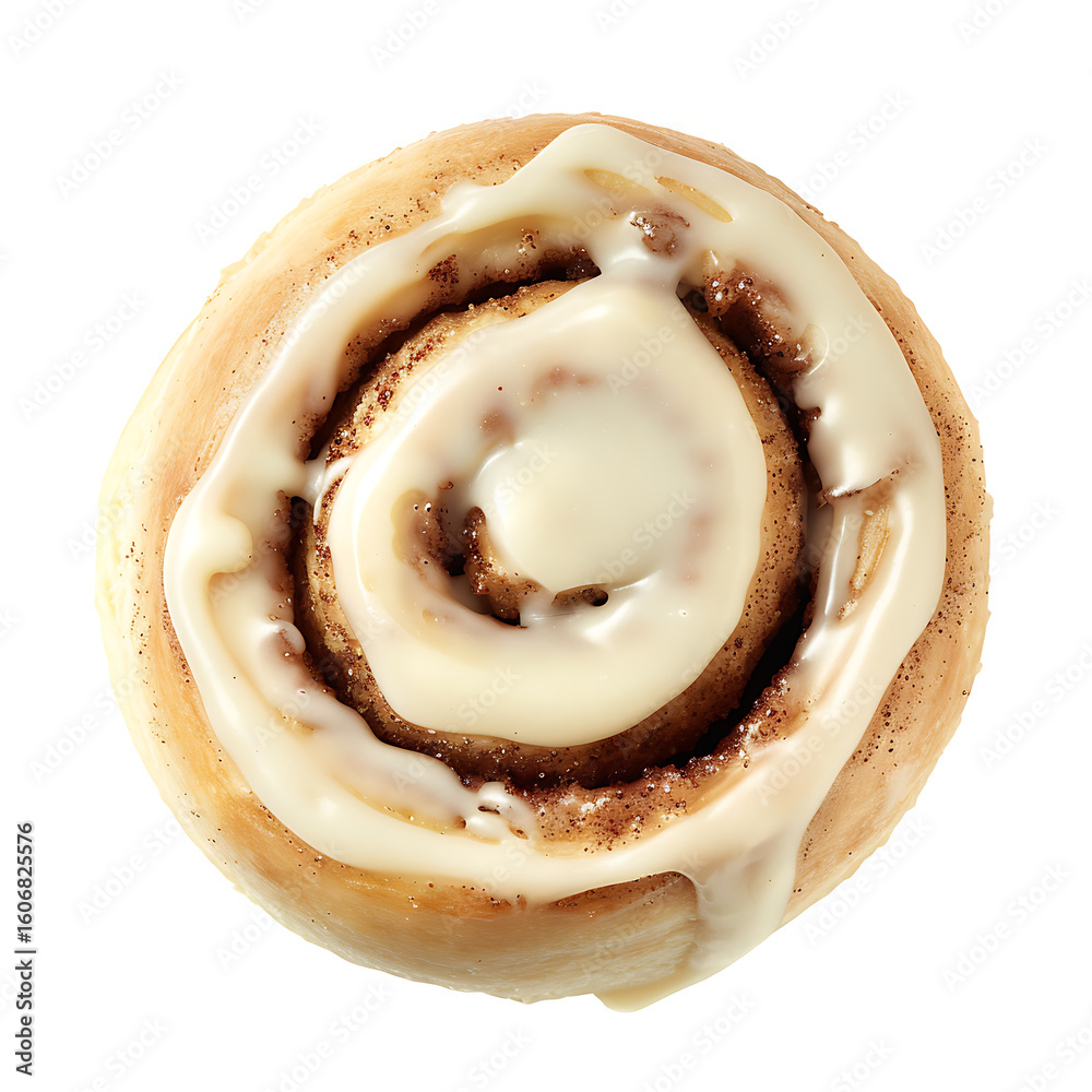 Fototapeta premium A freshly baked cinnamon roll topped with a generous layer of white icing, viewed from above.