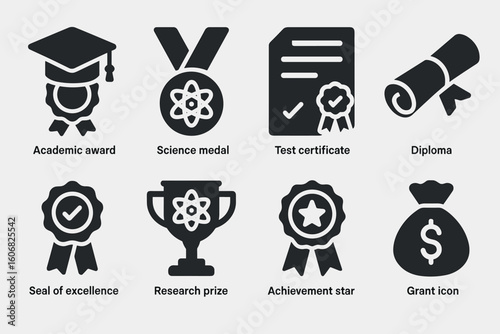 Icons of academic and scientific achievements: award, medal, certificate, diploma, excellence, prize, star, grant