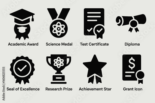 Academic awards icons: science medals, diplomas, certificates, grants, prizes