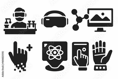 Virtual reality and technology icons: science, simulation, digital interaction