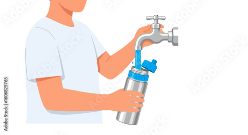person filling water bottle from faucet, isolated
