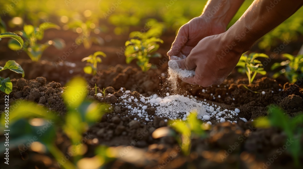 Fototapeta premium National Diatomaceous Earth Day. farm scene showing diatomaceous earth being applied as natural pest control, farmer's hands spreading white powder on crops, golden hour lighting
