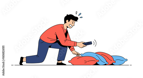 man searching for remote under pillows