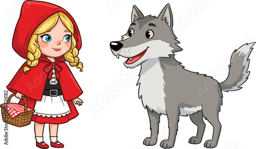 Little Red Riding Hood talking to friendly cartoon wolf, fairy tale illustration for children storybooks, education, animation, and design use