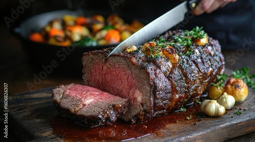 Exclusive dining gourmet beef roast with stunning medium-rare center being carved by professional knife, fresh herb garnish, roasted garlic accompaniment, elegant wooden board presentation